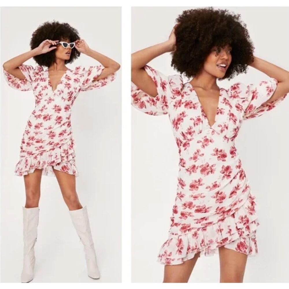 Nasty Gal Floral Puff Sleeve Wrap Mini Dress V-Neck Ruched Ruffle, Pastel Pink - Picture 3 of 11